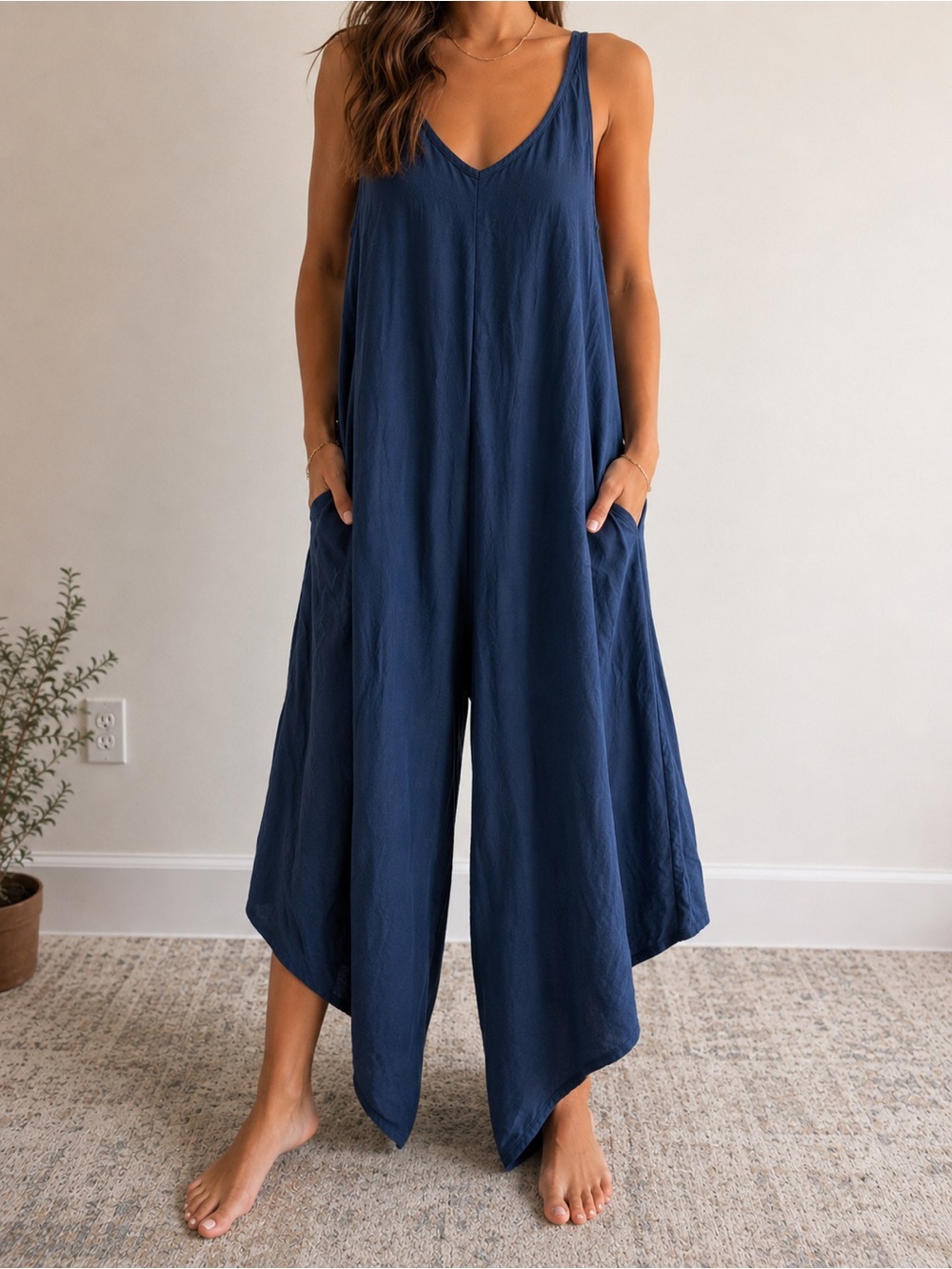 Harlow and rose Relaxed V-Neck Navy Wide-Leg Jumpsuit with Pockets. Petite small